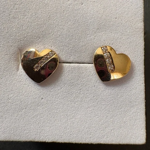 Gold Heart Earrings with Crystal Accents, 14 k real solid gold.